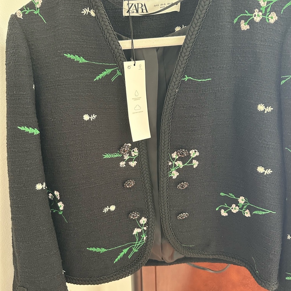 Zara Black Jacket with Green and White Floral Embroidery